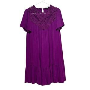 Davi & Dani Women's Medium Purple Crochet Lace Boho Dress Tiered Ruffle Sleeve